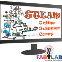 Computer screen showing STEAM Online Summer Camp name and a contracption graphic