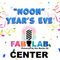 Noon Year's Eve at the Fab Lab Center! with title, Fab Lab Logo and confetti.