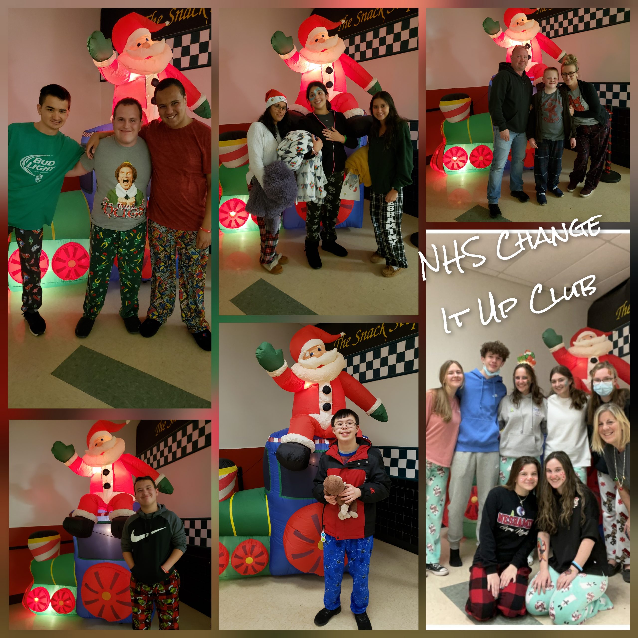 Photo compilation of students in front of inflatable Santa during Movie Night